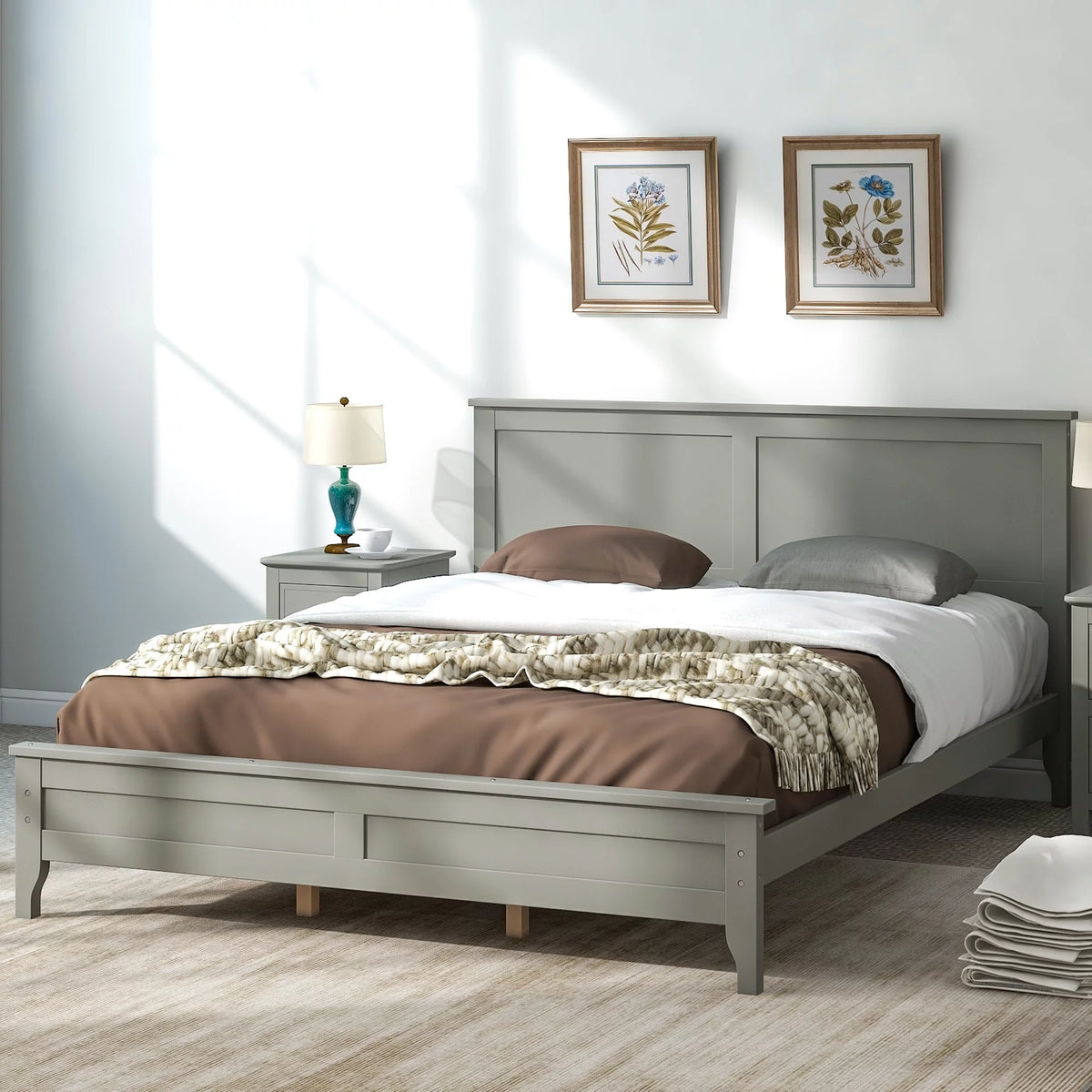 Queen Size Pine Platform Bed Frame with Headboard Z91573