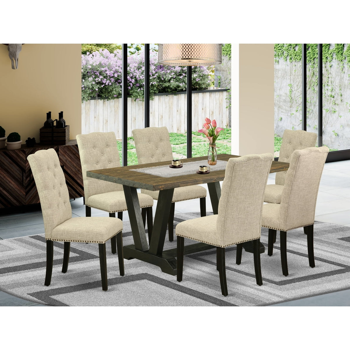 7-Piece Small Dining Table Set with 6 Parson Chairs Solid Wood O222