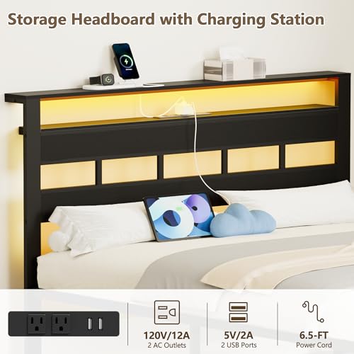Full Size Black Oak Bed Frame with Storage Headboard and Charging Station Q352664
