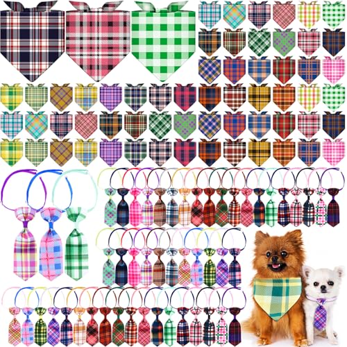 108 Pcs Dog Bandanas Bow Tie Set Plaid Pattern Adjustable Washable Reversible F495169