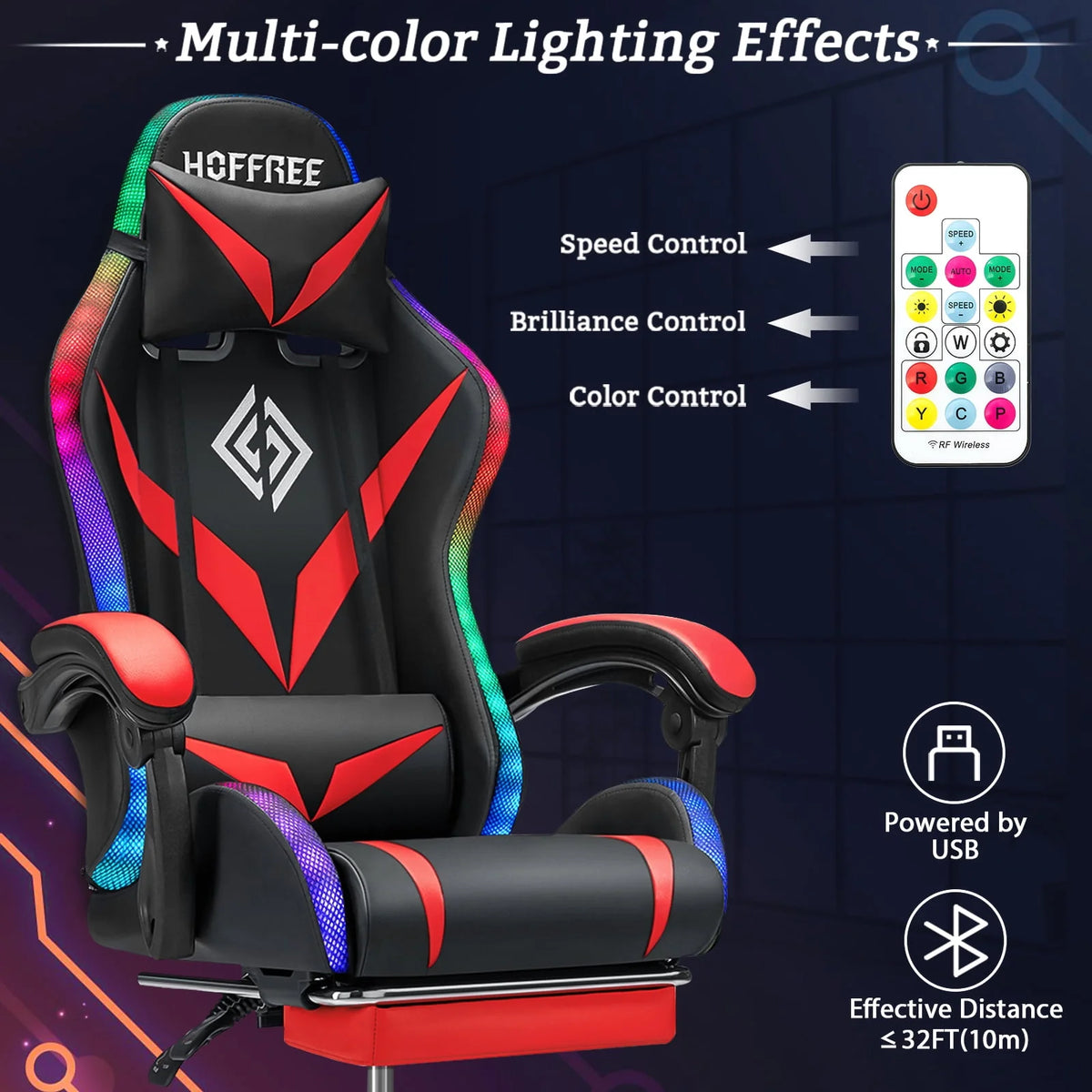 PU Leather Gaming Chair with Footrest and LED Lights H20806