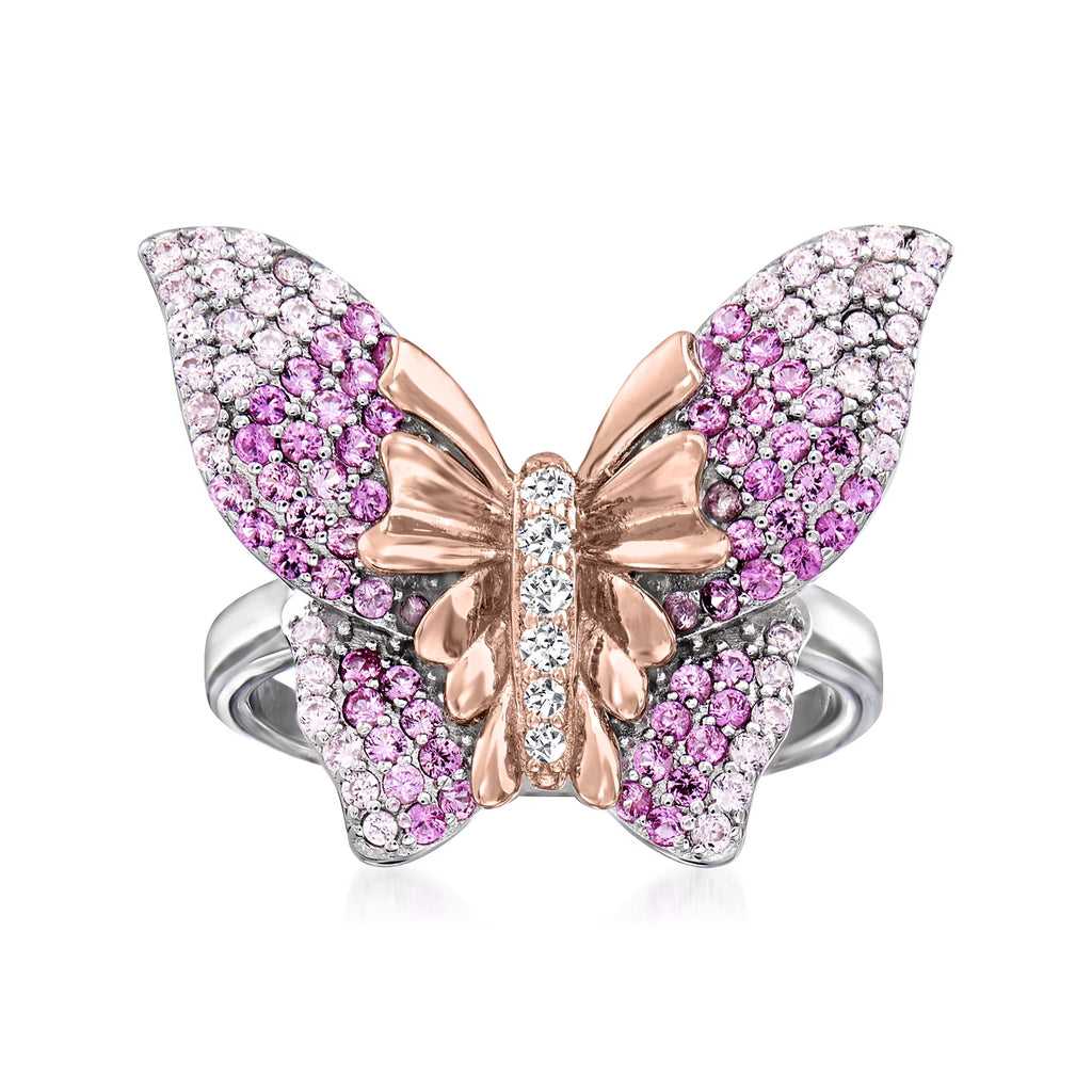 Simulated Pink Sapphire Butterfly Ring With CZ Accents in 2-Tone Sterling Silver C103