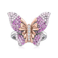 Simulated Pink Sapphire Butterfly Ring With CZ Accents in 2-Tone Sterling Silver C103