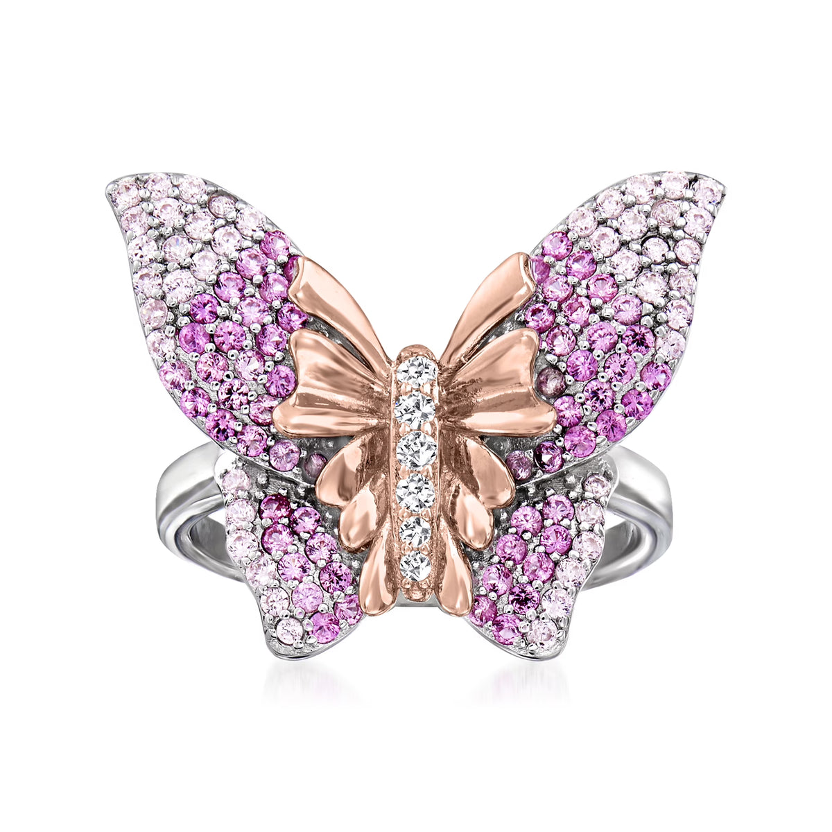 Simulated Pink Sapphire Butterfly Ring With CZ Accents in 2-Tone Sterling Silver C103