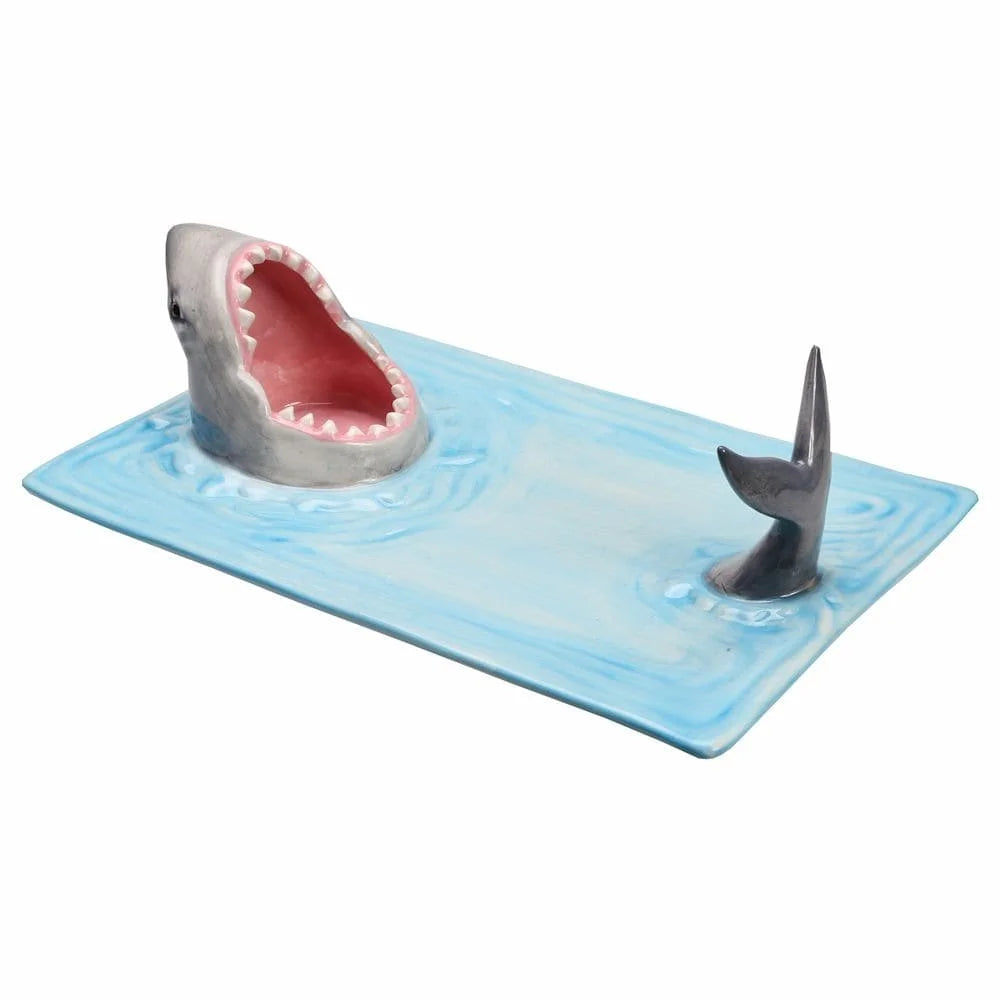 Shark Attack Sushi Plate, Hand-Painted Ceramic Serving Tray with Soy Sauce Holder and Chopsticks Rest Q80606