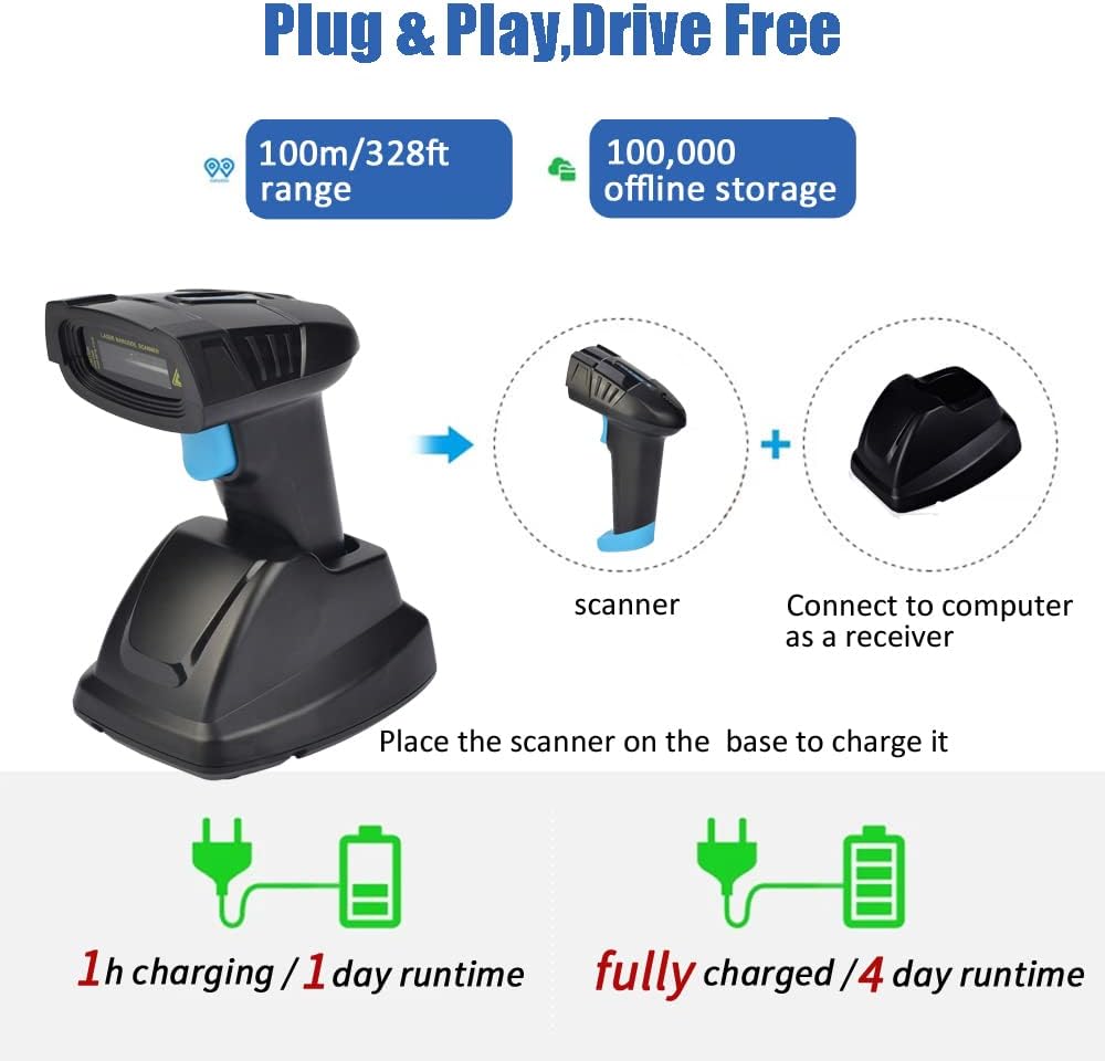 Cordless Barcode Scanner 2D QR Code Bar Code Reader with USB Cradle Pack of 2 J739786