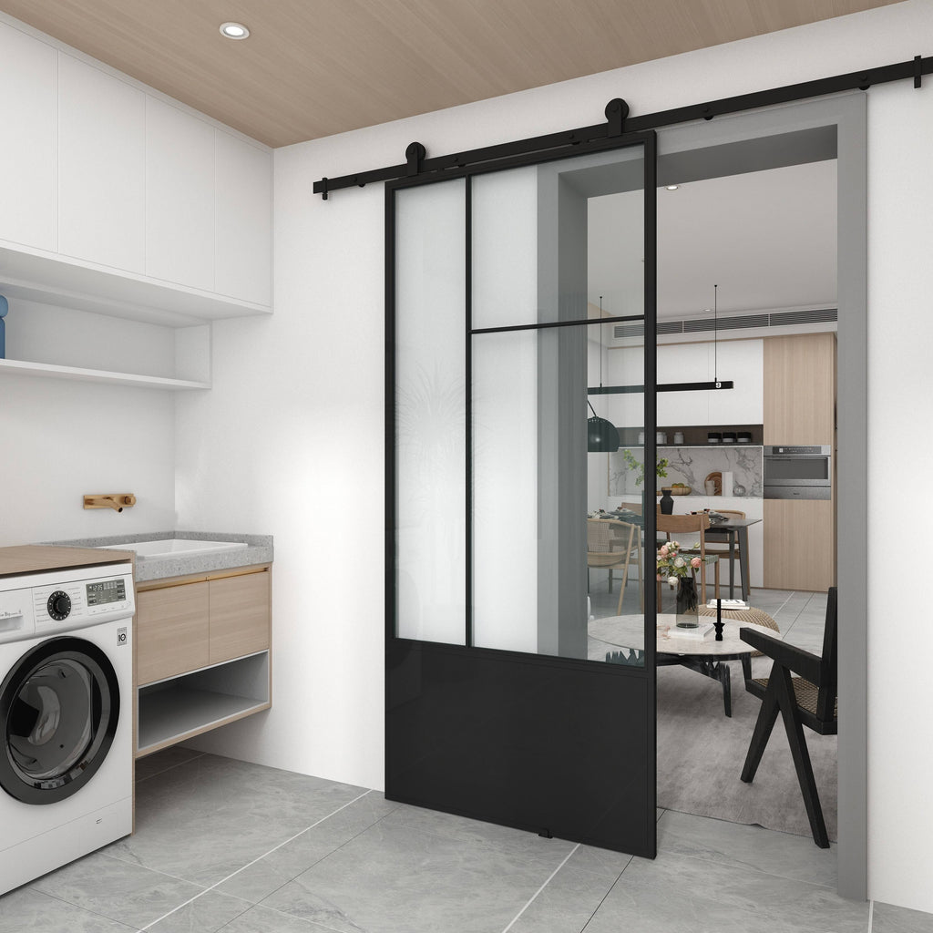 3/4 Lite Clear Glass Black Metal Finish Sliding Barn Door with Hardware Kit J2120