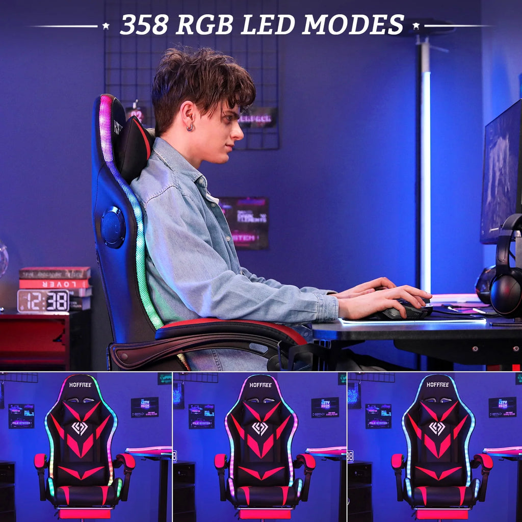 PU Leather Gaming Chair with Footrest and LED Lights H20806