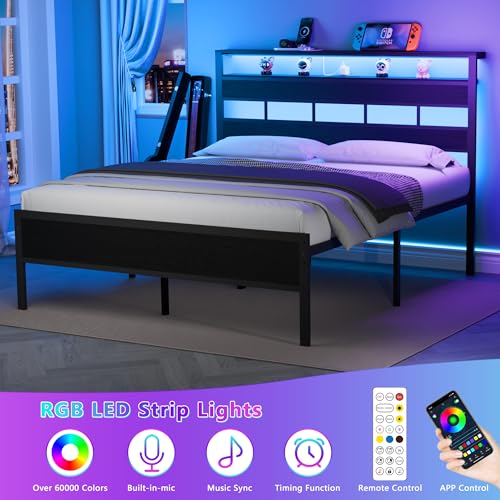 Full Size Black Oak Bed Frame with Storage Headboard and Charging Station Q352664