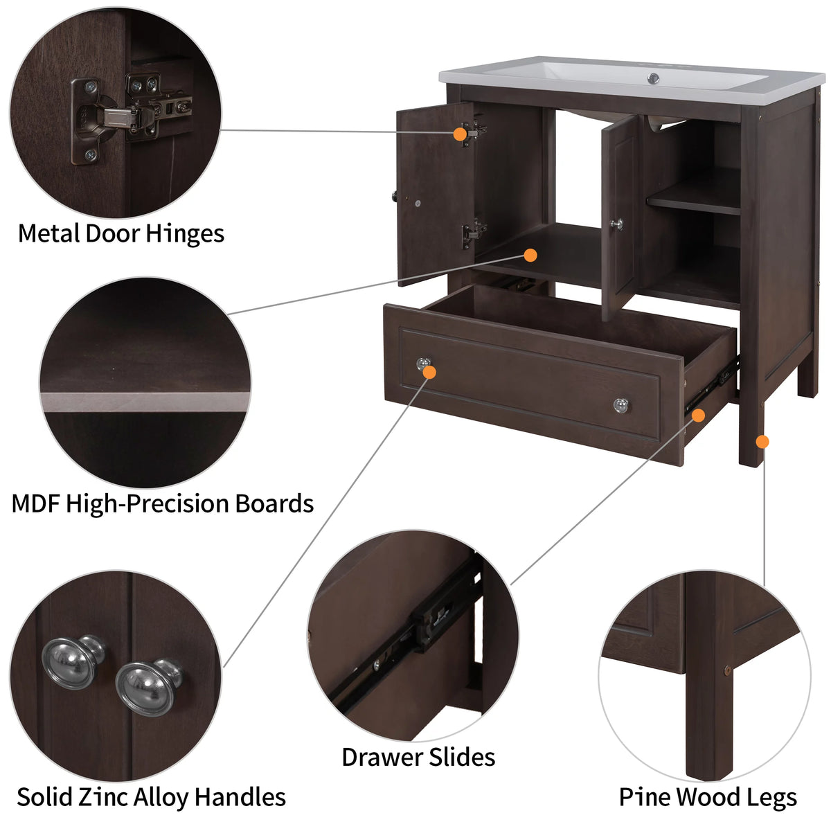 30" Brown Solid Wood Bathroom Vanity Base Only M2149