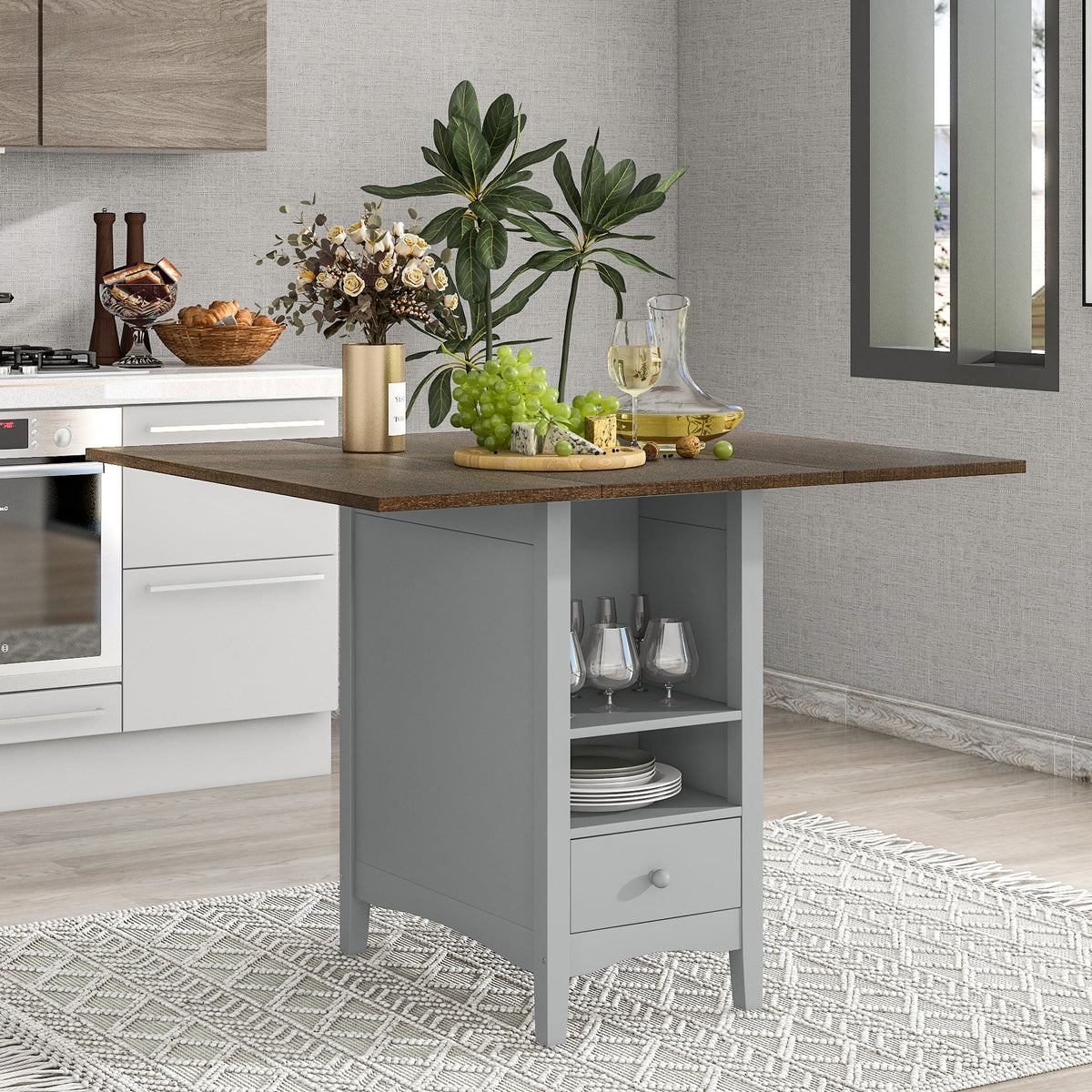 5 Piece Counter Height Dining Set with Wine Rack and Drop Leaf T549