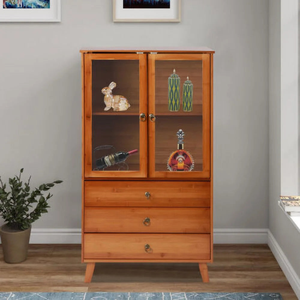 Wooden Storage Pantry Cupboard with 3 Drawers and 2 Acrylic Doors Brown B695784