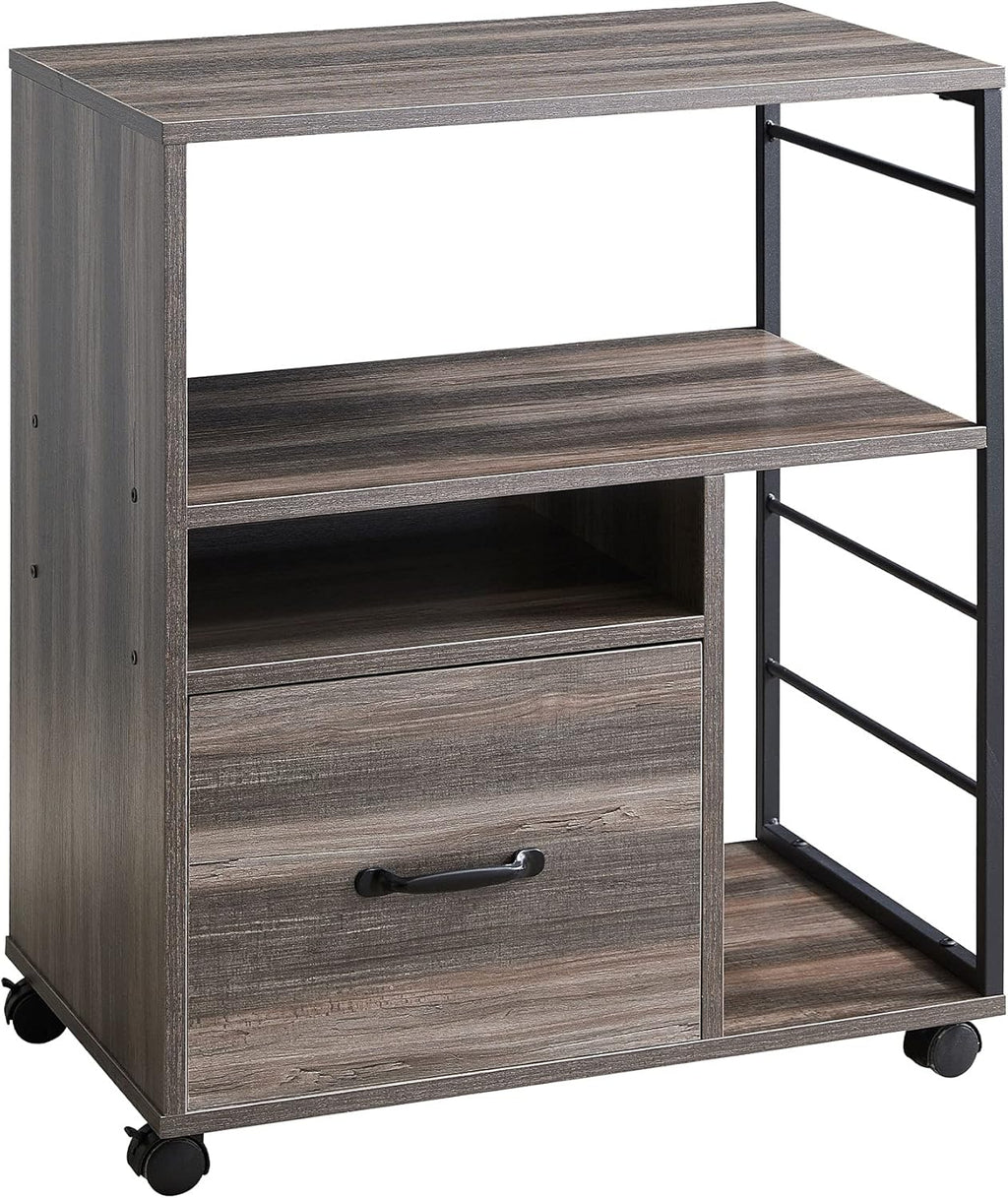 Rolling File Cabinet with Drawer and Open Storage Shelves, Retro Grey J5970