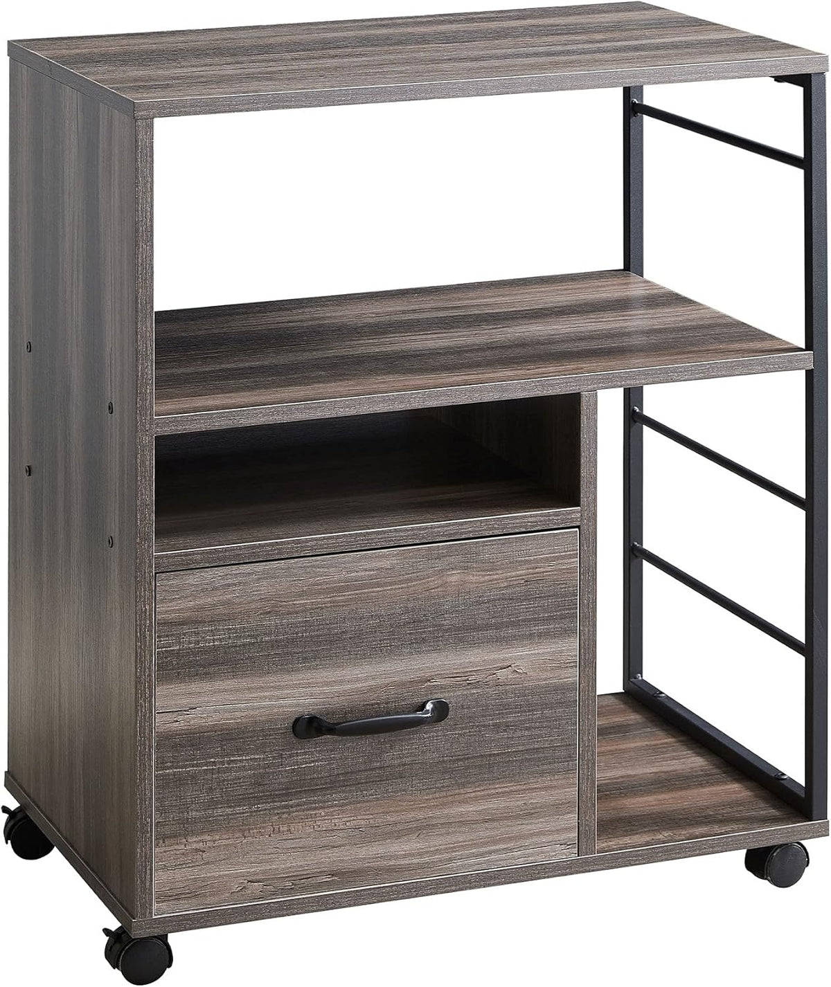 Rolling File Cabinet with Drawer and Open Storage Shelves, Retro Grey J5970