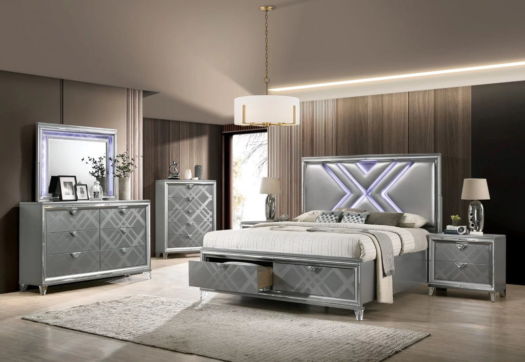 Silver Eastern King Size 5pc Bedroom Set with LED Dresser Mirror Nightstands K8785
