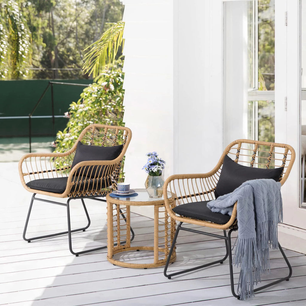 3-Piece Outdoor Wicker Bistro Set with Glass Top Coffee Table I41946