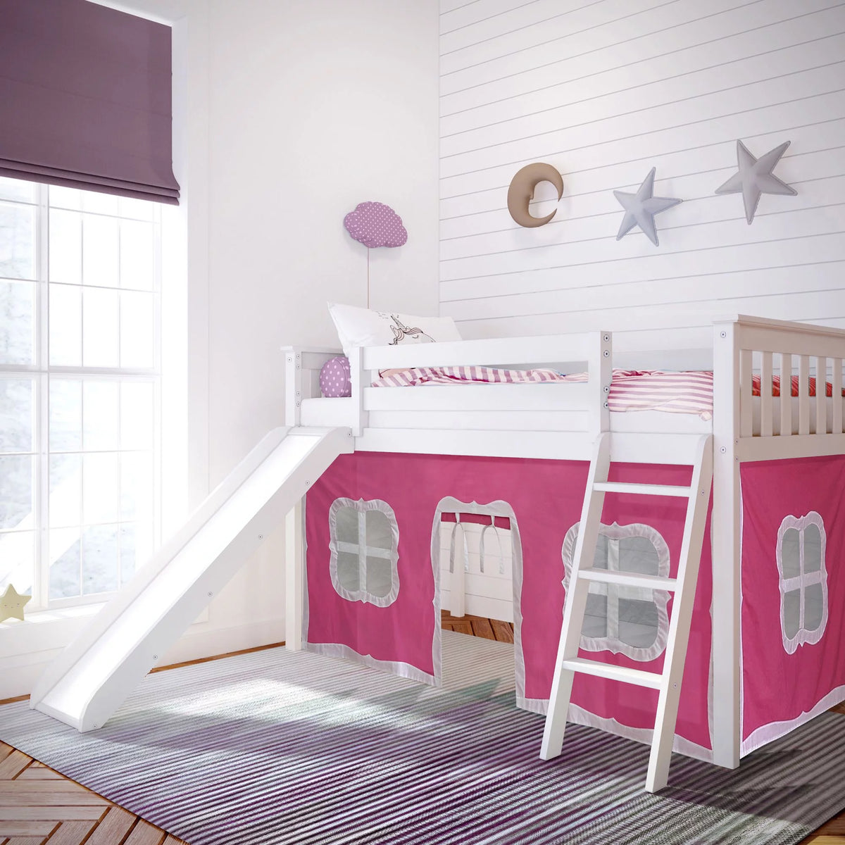 Twin Low Loft Wood Bunk Bed with Slide and Pink Curtain Q893