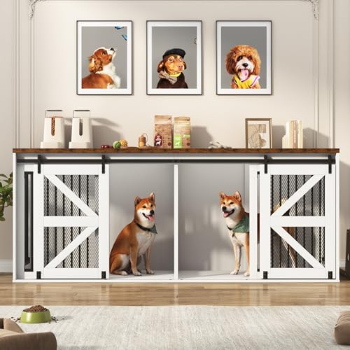 Black Wooden Dog Crate TV Stand with Sliding Metal Mesh Barn Door J541241