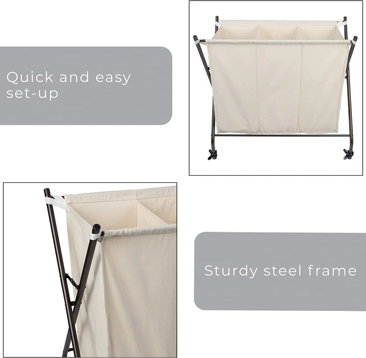 3 Compartment Rolling Canvas Laundry Sorter Hamper with Wheels V9195