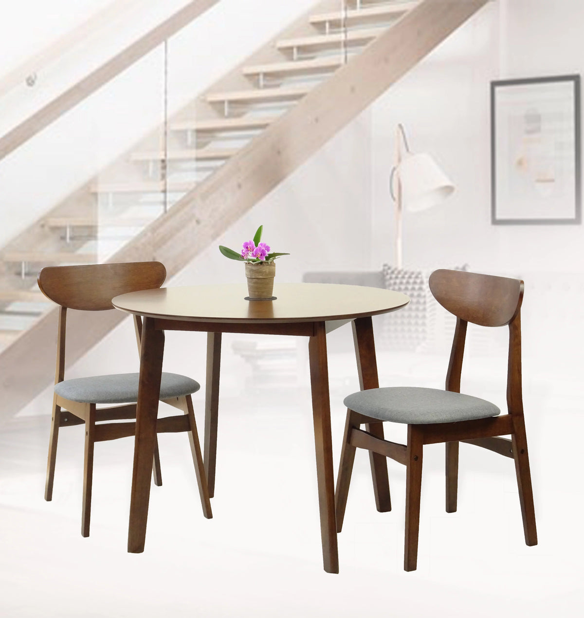 Set of 2 Chairs and Round Dining Table Solid Wood Padded Seat White L4921