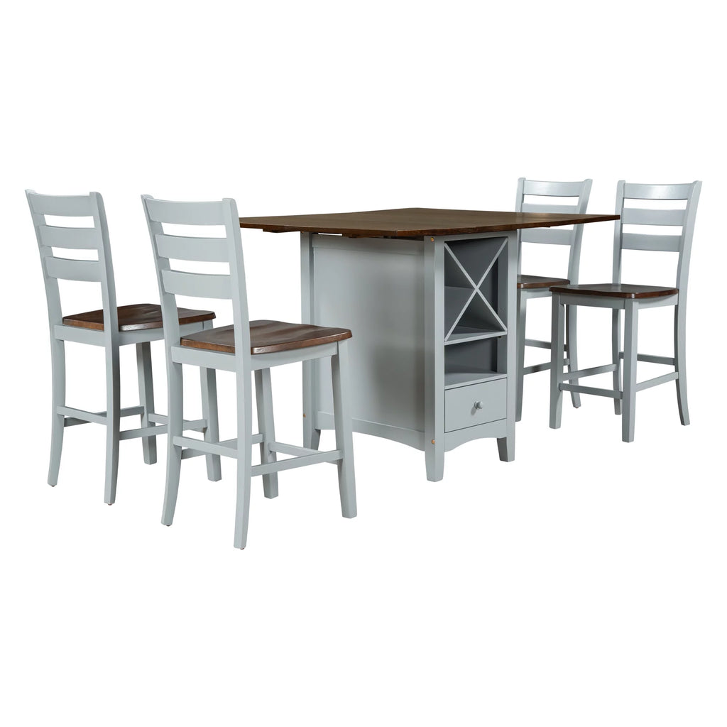 5 Piece Counter Height Dining Set with Wine Rack and Drop Leaf T549