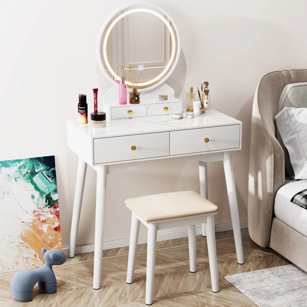 White Vanity Table with Lighted Mirror, Stool and 4 Drawers L69883