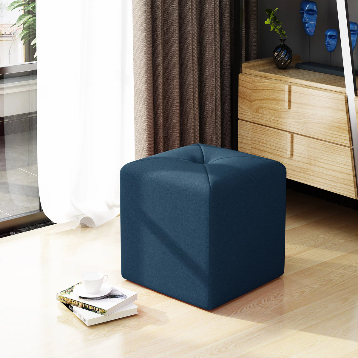 Navy Blue Fabric Square Ottoman X232