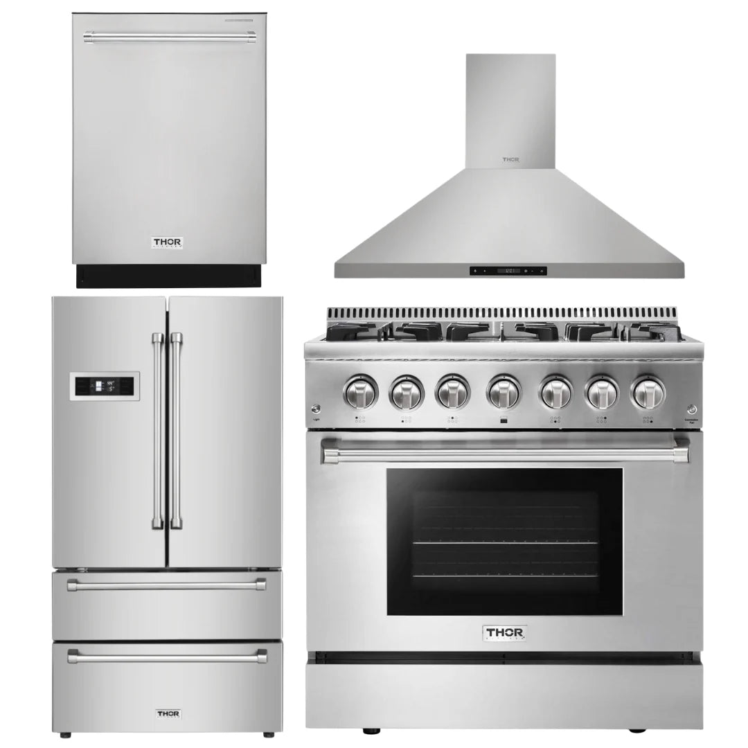 36 in. Gas Range, Range Hood, Dishwasher, Refrigerator S128