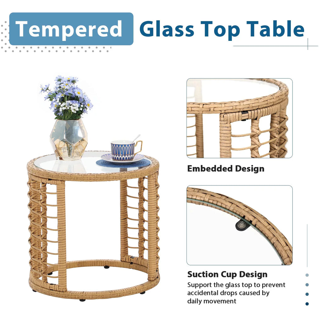 3-Piece Outdoor Wicker Bistro Set with Glass Top Coffee Table I41946