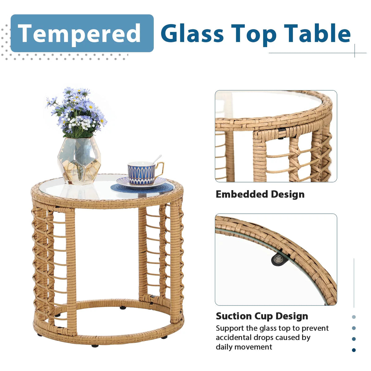 3-Piece Outdoor Wicker Bistro Set with Glass Top Coffee Table I41946