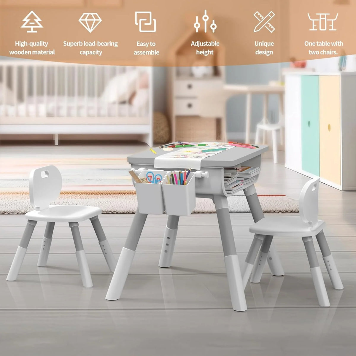 Kids Adjustable Height Wooden Table and Chair Set J24580