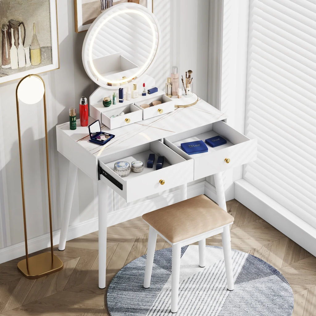 White Vanity Table with Lighted Mirror, Stool and 4 Drawers L69883