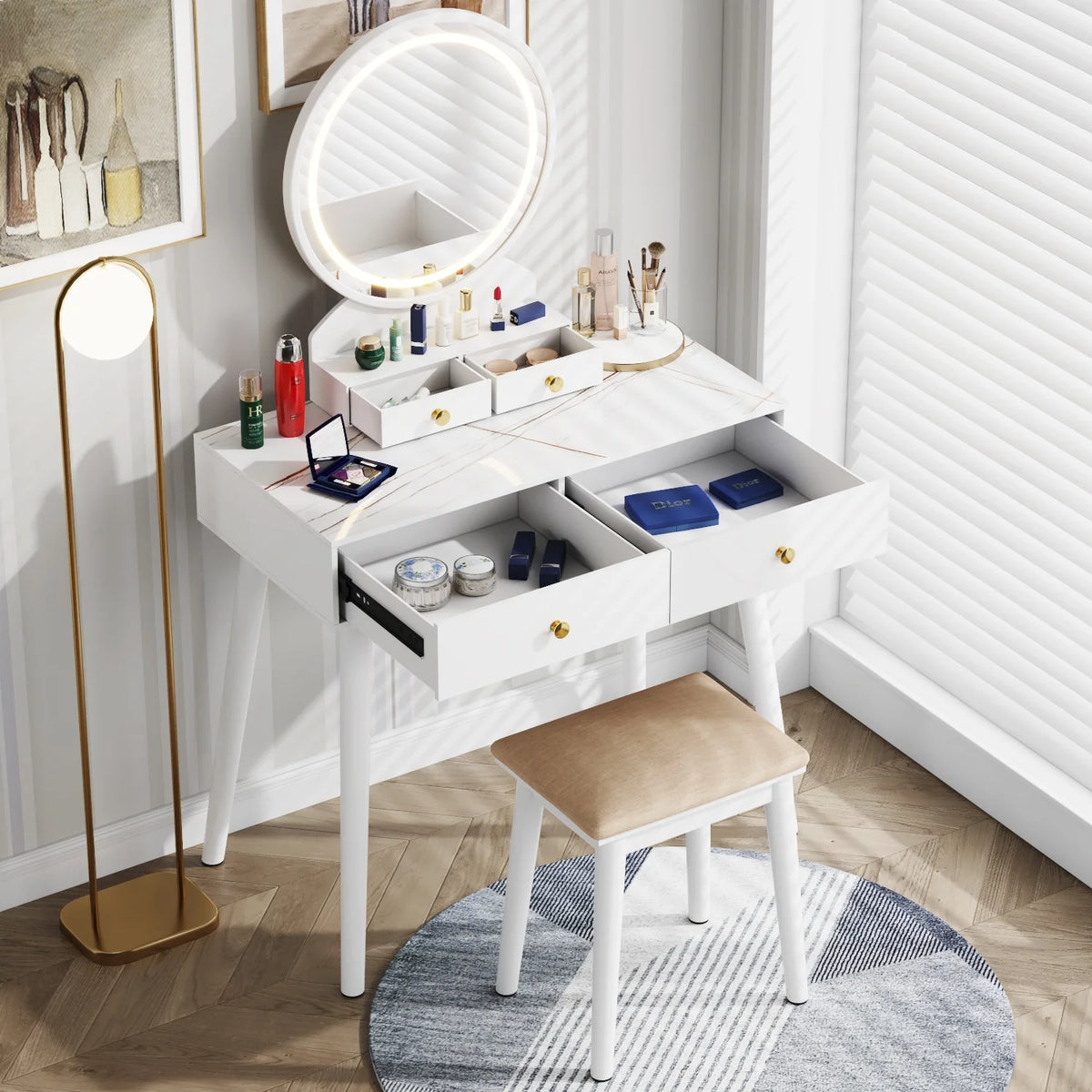 White Vanity Table with Lighted Mirror, Stool and 4 Drawers L69883