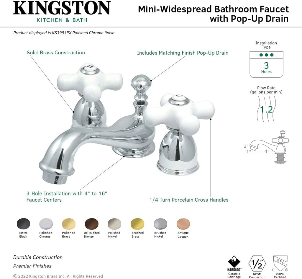 Widespread Lavatory Faucet with Porcelain Cross Handle, Polished Chrome V4161