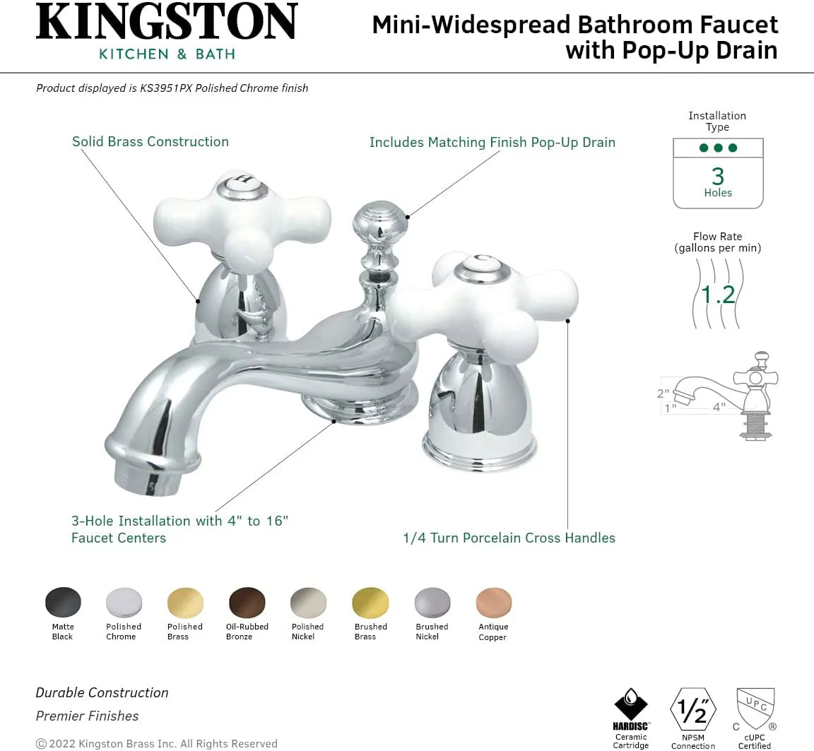 Widespread Lavatory Faucet with Porcelain Cross Handle, Polished Chrome V4161