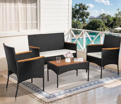 4-Piece Outdoor Wicker Patio Furniture Set with Cushions Y5053