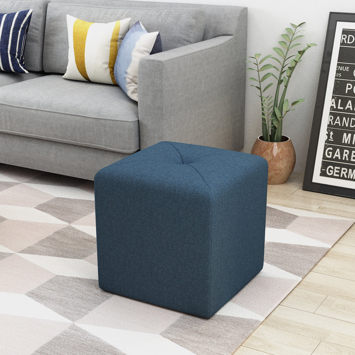 Navy Blue Fabric Square Ottoman X232