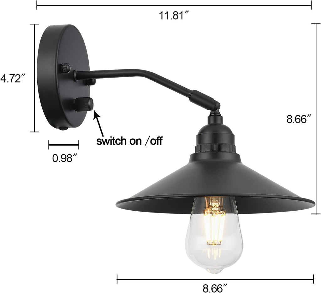 Industrial Farmhouse Metal Wall Sconce with on/Off Switch, Matt Black Funnel Shade S1451
