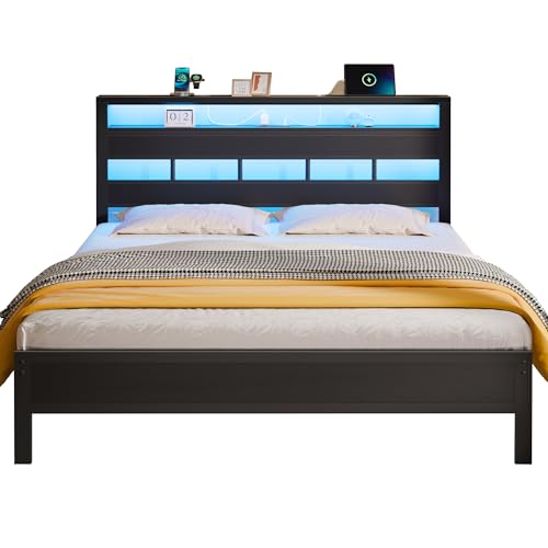 Full Size Black Oak Bed Frame with Storage Headboard and Charging Station Q352664