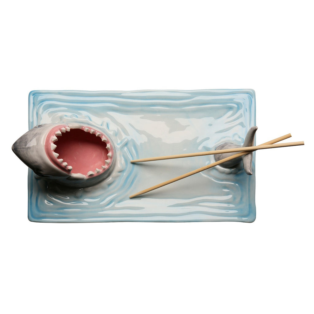 Shark Attack Sushi Plate, Hand-Painted Ceramic Serving Tray with Soy Sauce Holder and Chopsticks Rest Q80606