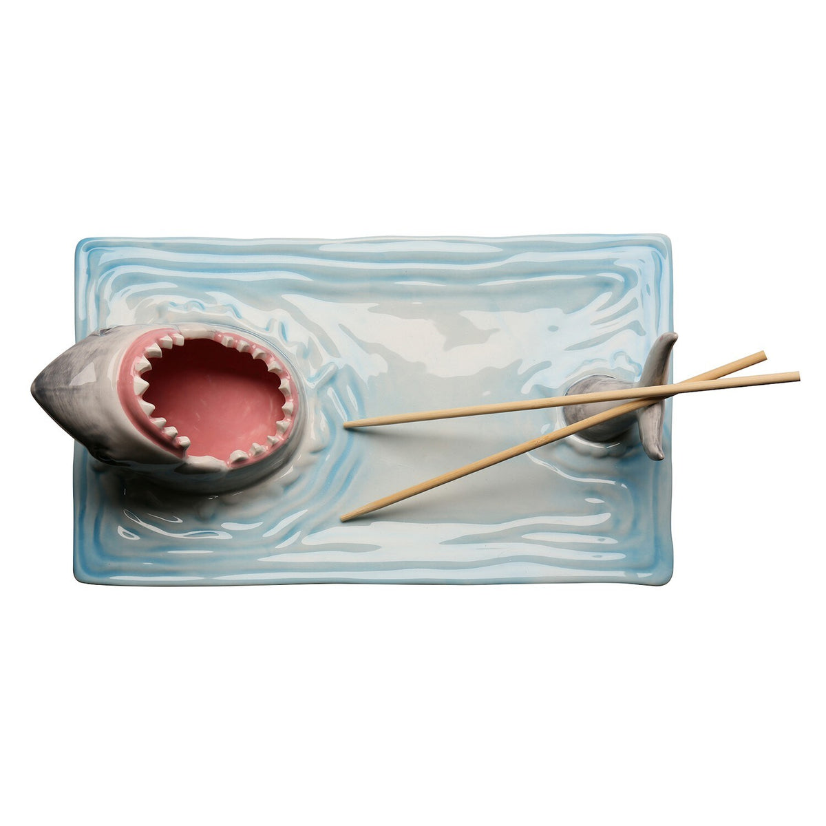 Shark Attack Sushi Plate, Hand-Painted Ceramic Serving Tray with Soy Sauce Holder and Chopsticks Rest Q80606